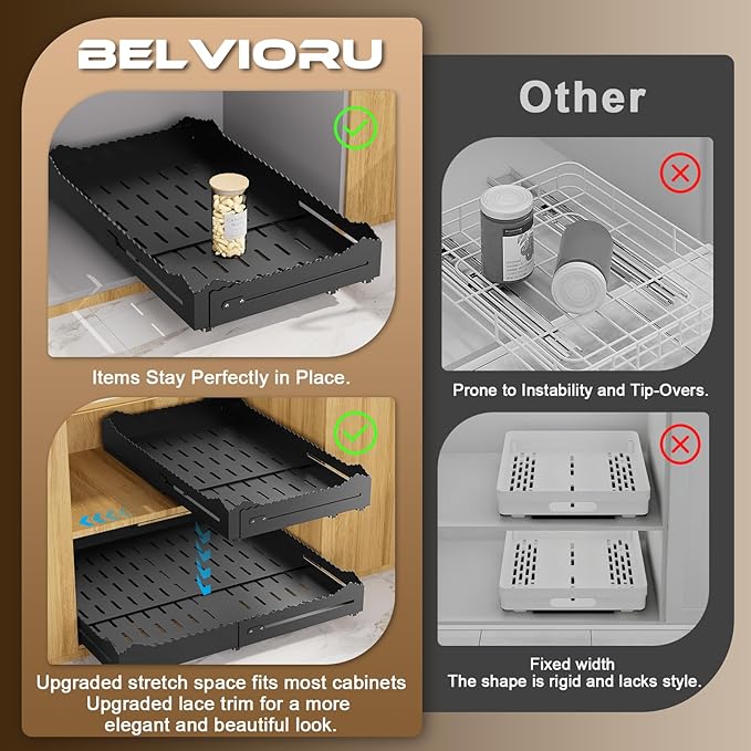 Pull Out Cabinet Organizer 1PCS,4-Way Width (11"-18") and Depth (13"-24") Expandable Pull Out Drawers for Cabinets – One Size Fits Most! No Drill, Heavy-Duty Metal Organizer for Pantry, Kitchen Black