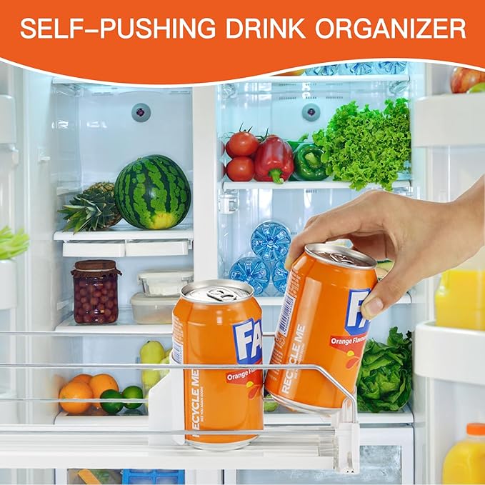 Drink Organizer for Fridge, Soda Can Automatic Dispenser for Refrigerator, Self Pushing Glide Beverage thruster, 4 Row White