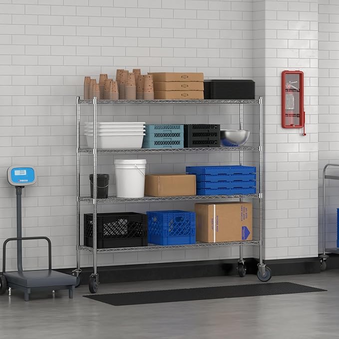 Commercial NSF Listed Chrome Mobile Wire Shelving Kit 14" x 60" x 60", with 4 Shelves Perfect for Warehouse, Walk-in Refrigerator, Freezer, Grocery Store, Restaurant, Dishroom