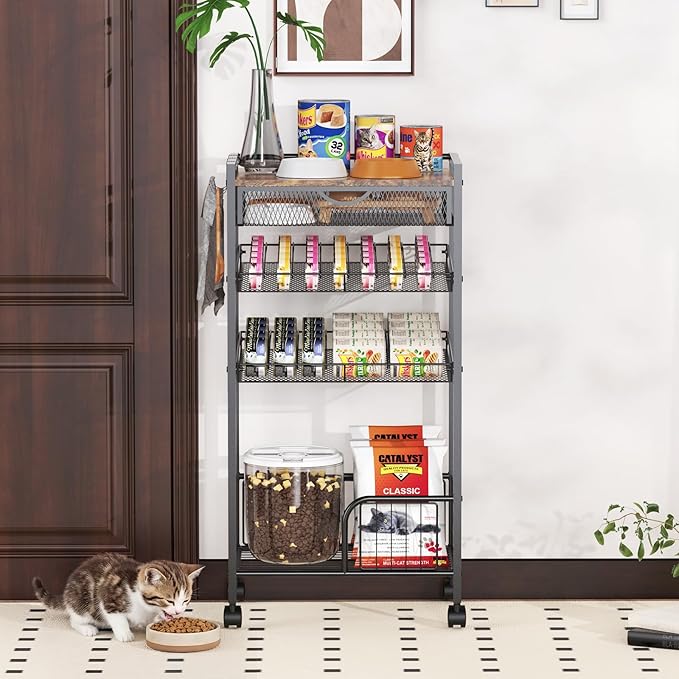 Cat Food Organizer，Multi-functional Canned Food and Cat Bed Rolling Storage Cart,Manually Adjust The Gap Size，Store Suitable Can Sizes，Used for Jar Food & Cat Food Dispenser Rack