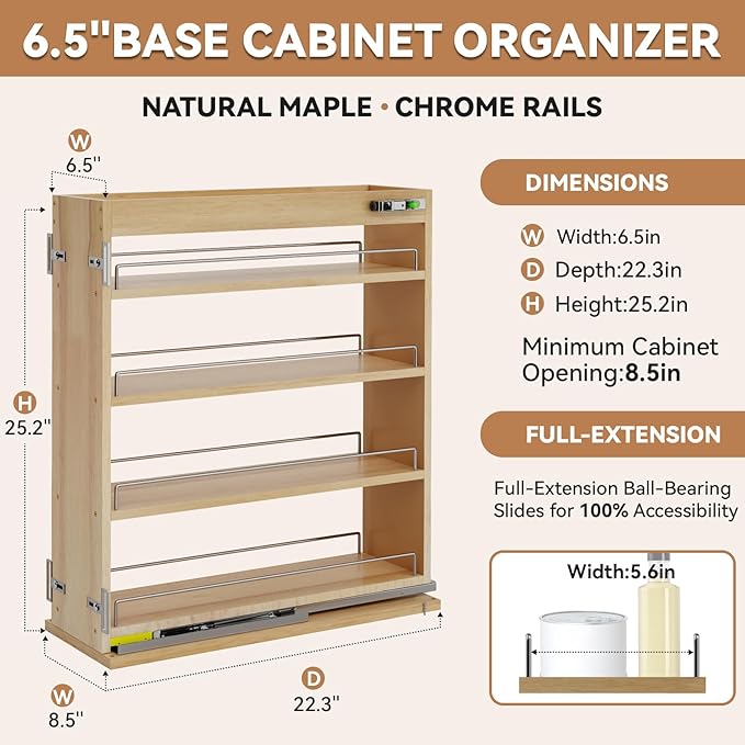Pull Out Spice Rack Organizer for Cabinet (6.5" W x 22.3" D x 25.2" H), Sliding Spice Rack for Kitchen Cabinet, Wood Pull Out Cabinet Organizer for Multi-Use