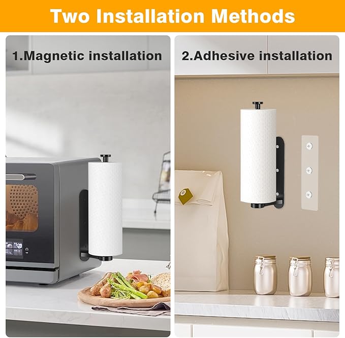 Magnetic Paper Towel Holder for Fridge, One Hand Tear RV Paper Towel Holder with Ratchet Mechanism, Self-Adhesive & Wall Mount for Refrigerator, Kitchen, Grill, Garage (Matte Black)
