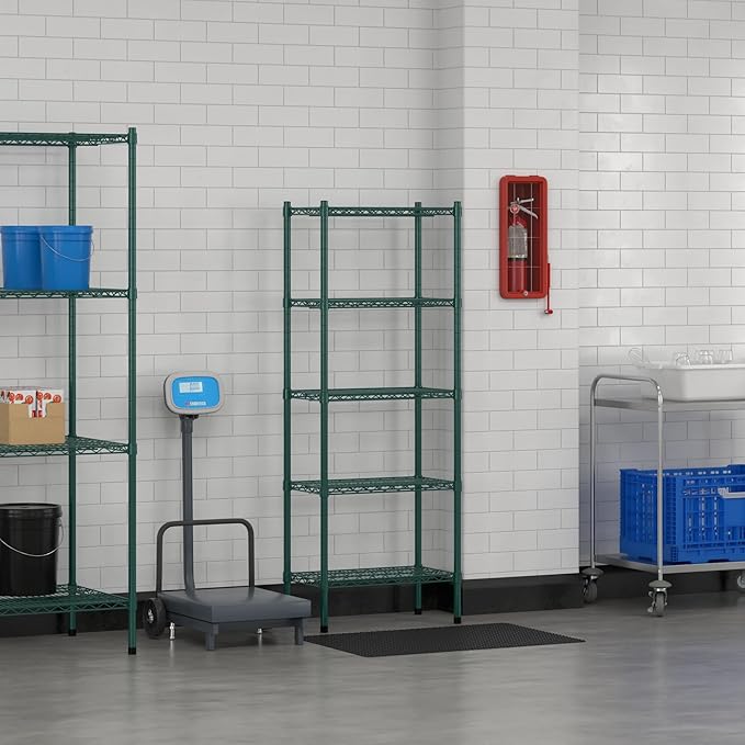 Commercial NSF Listed Green Epoxy Stationary Wire Shelving Kit 14" x 24" x 64", with 5 Shelves Perfect for Warehouse, Walk-in Refrigerator, Freezer, Grocery Store, Restaurant, Dishroom