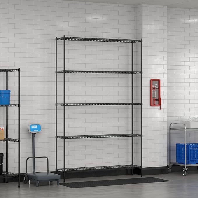Commercial NSF Listed Black Epoxy Stationary Wire Shelving Kit 14" x 60" x 96", with 5 Shelves Perfect for Warehouse, Walk-in Refrigerator, Freezer, Grocery Store, Restaurant, Dishroom