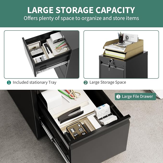 3-Drawer Metal Filing Cabinet with Lock, Vertical Heavy Duty Steel File Organizer for Home Office, Secure Storage for Letter, Legal, A4, F4 Documents – Professional Office Furniture, Black