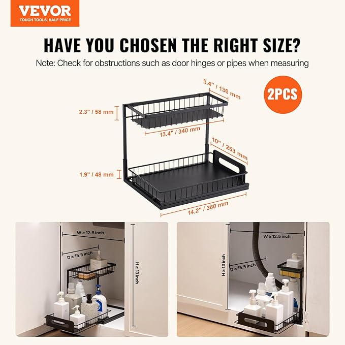 VEVOR 2 Tier Pull Out Cabinet Organizer(10.7"W x 14.2"D), Under Sink Organizer and Storage, Slide Out Drawer Cabinet Organizer, Wire Basket Sliding Storage, 12.5"Wx15.5"Dx13"H Install Size for Cabinet