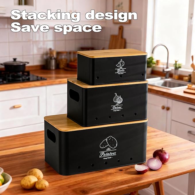 Potato Onion and Garlic Storage Bin Set of 3, Black Metal Kitchen Vegetable Canisters with Bamboo Lid and Aerating Holes, Stackable Kitchen Storage Tin for Countertop Pantry