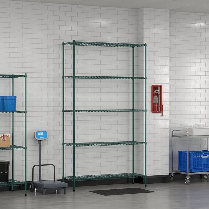 Commercial NSF Listed Green Epoxy Stationary Wire Shelving Kit 18" x 54" x 96", with 5 Shelves Perfect for Warehouse, Walk-in Refrigerator, Freezer, Grocery Store, Restaurant, Dishroom