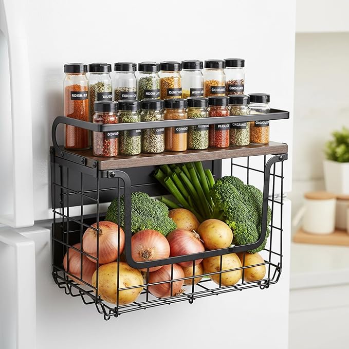 Mowhut Magnetic Shelf for Fridge, Magnetic Spice Rack with Wood Lid & 2 Hooks, Fruit Potato and Onion Storage Bin, Refrigerator Organizers and Storage, Kitchen Pantry Countertop & Cabinet, Black