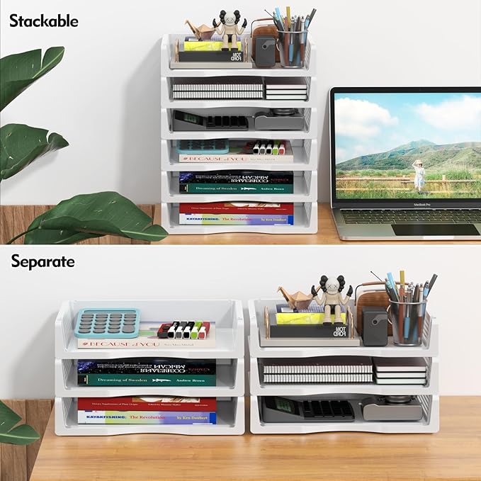 6 Tier Plastic Office Paper Organizer Trays, Stackable Desk Tray for Letter Documents, White