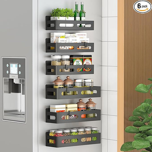 6 Pack Strong Magnetic Spice Rack for Refrigerator, Multipurpose Magnetic Shelf for Fridge with 4 Hooks for kitchen and Bathroom Organization, Black