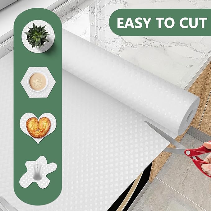 Origuuds Shelf Liners, Non-Adhesive Drawer Liner, Waterproof & Oil-Proof Kitchen Cabinet Cupboard Liner Plastic EVA Material BPA Free Fridge Liner Mats Paper Protector for Shelves (White/12in x 240in)