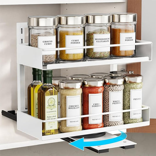 iSPECLE Spice Racks for Inside Cabinet - 1 Pack Rotate Pull Out Spice Rack Easy Access No More Digging, Height Adjustable for 16-20 Spice Jars, Peel and Stick for Over 9" Wide Small Kitchen Cabinet