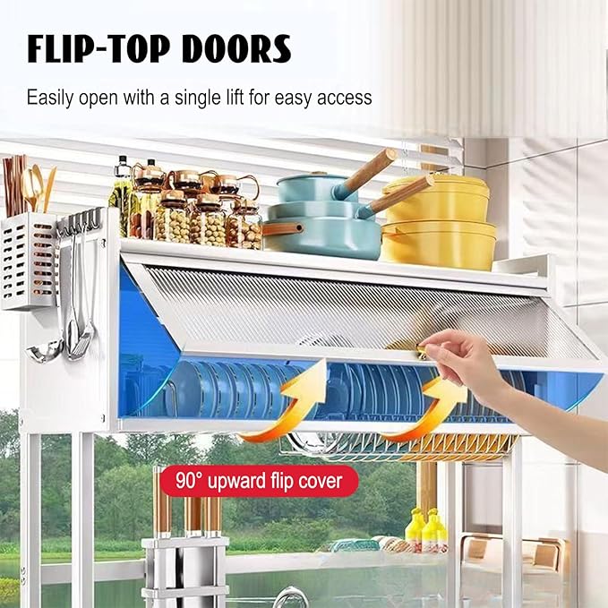 Over Sink Dish Drying Rack 2 Tier Stainless Steel Dish Drainer with Cover and Utensil Holders Large Capacity Space Saving Kitchen Organizer