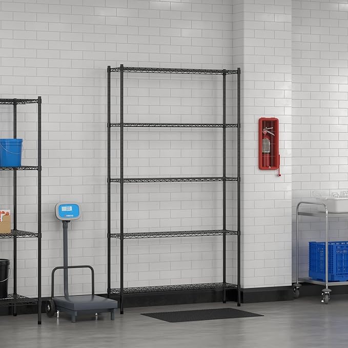 Commercial NSF Listed Black Epoxy Stationary Wire Shelving Kit 12" x 48" x 86", with 5 Shelves Perfect for Warehouse, Walk-in Refrigerator, Freezer, Grocery Store, Restaurant, Dishroom