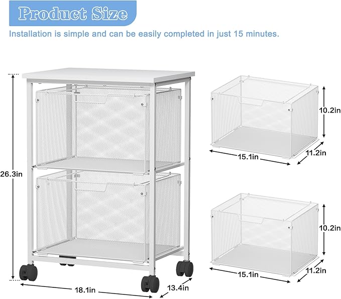 Letter/Legal Rolling File Cabinet, Rolling File Cart with 2 Drawers Filing Cabinet for Home Office, Hanging File Folders Organizer for Under Desk Storage, Mobile Printer Stand, White