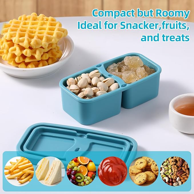 4 Pack Silicone Snack Containers with Lids, 6.8 Oz Double Compartment Food Storage Containers for Picnic, School, Office, Travel Meal Prep and Kitchen Storag