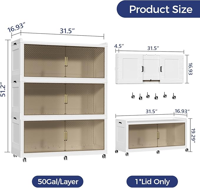 Fangtueh 150 Gallon Extra Large Collapsible Storage Bin with Lid, 960QT Stackable Plastic Organizer with 6x Wheels, Foldable Drawer Cabinet for Closet, Living Room Office, Kitchen 3Pack, White