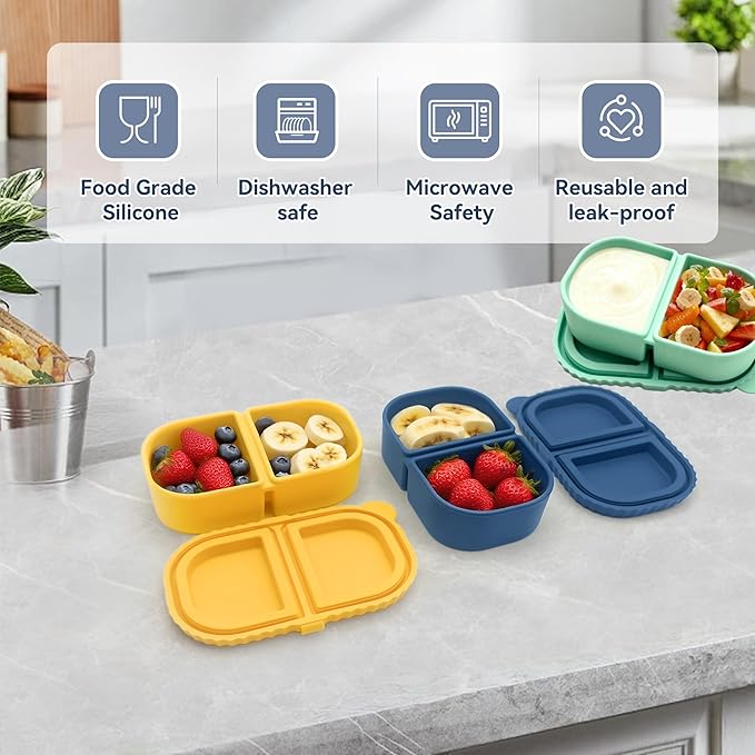 4 Pack Reusable Silicone Snack Containers with Lids, 8.5 oz- 2 Compartments, BPA-Free,Leakproof, Portable Silicone Lunch box, Snacks, Office，Picnic，Travel