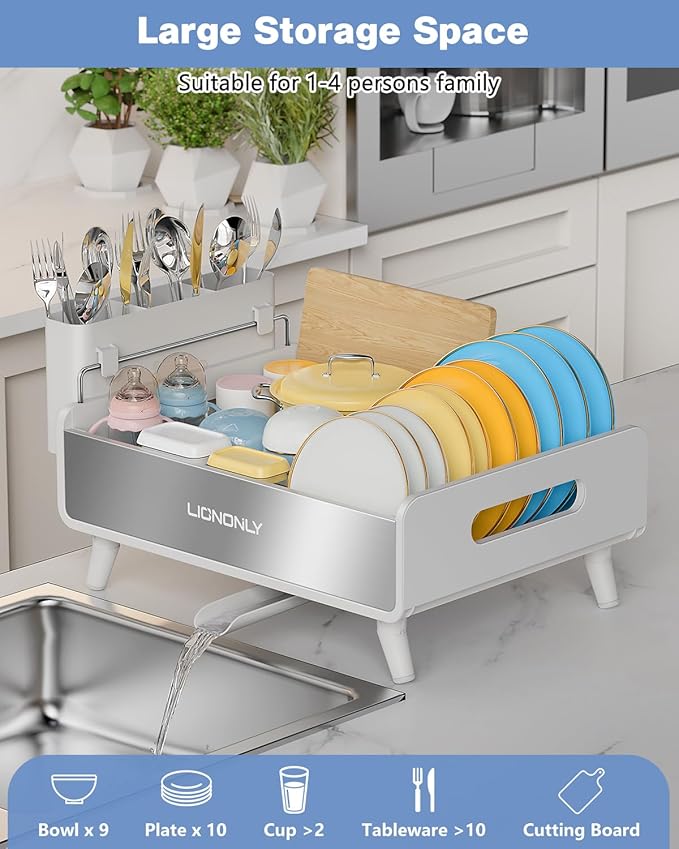 Dish Racks,Extendable Countertop Dish Drying Rack, Dish Drainer & Drainboard Set with Utensil Holder and Cup Holder, White