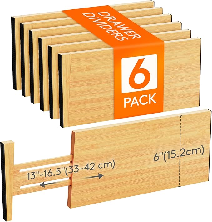 Lifewit 6 Pack 6" Deep Bamboo Drawer Dividers, 13-16.5" Expandable Drawer Organisers for Clothes, Adjustable Dresser Drawer Divider, Clothing Drawers Separators for Dresser, Bedroom, Bathroom, Office