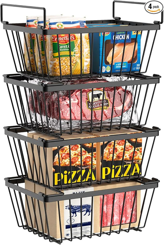 Freezer Organizers Bins with Folding Handles，4 Pack Stackable Upright Freezer Organizers Baskets for 5-7 Cu.Ft Deep Freezer Storage, Increased Space for Food Storage, Easy to Access，Black
