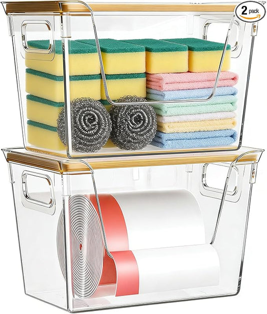 2 Pack Trash Bag Holder Dispenser - Garbage Bag Dispenser Under Sink, Acrylic Trash Bags Container Organizer Roll Holder, Clear Stackable Kitchen Under Sink Storage Organizer