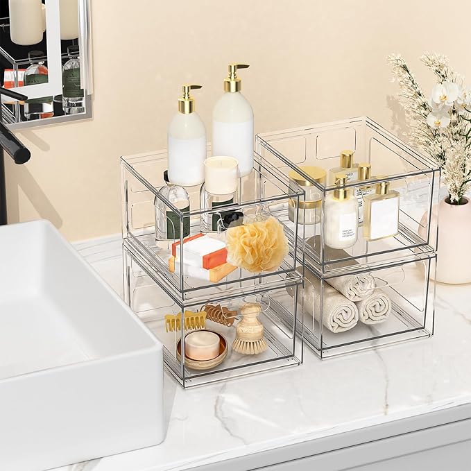 4 Pack Stackable Plastic Makeup Organizer Drawers, Acrylic Organizers, Clear Storage Bins with Pull-Out Handles for Vanity, Kitchen Cabinets, Pantry