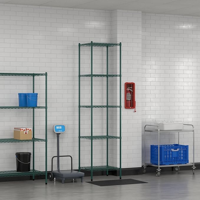 Commercial NSF Listed Green Epoxy Stationary Wire Shelving Kit 21" x 24" x 96", with 5 Shelves Perfect for Warehouse, Walk-in Refrigerator, Freezer, Grocery Store, Restaurant, Dishroom