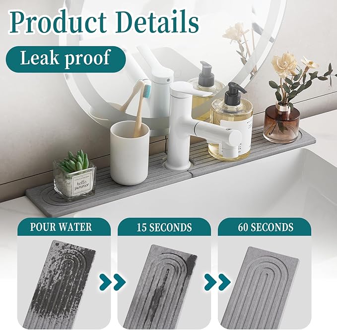 ODE TO ORDER Stone Faucet Mat for Kitchen Sink Bathroom Counter, 23.6 Inch Light Grey Diatomite Water-Absorbing Drying Stone Mat, Sink Stone Tray Protector,Prevent Moisture Sink Splash Guard