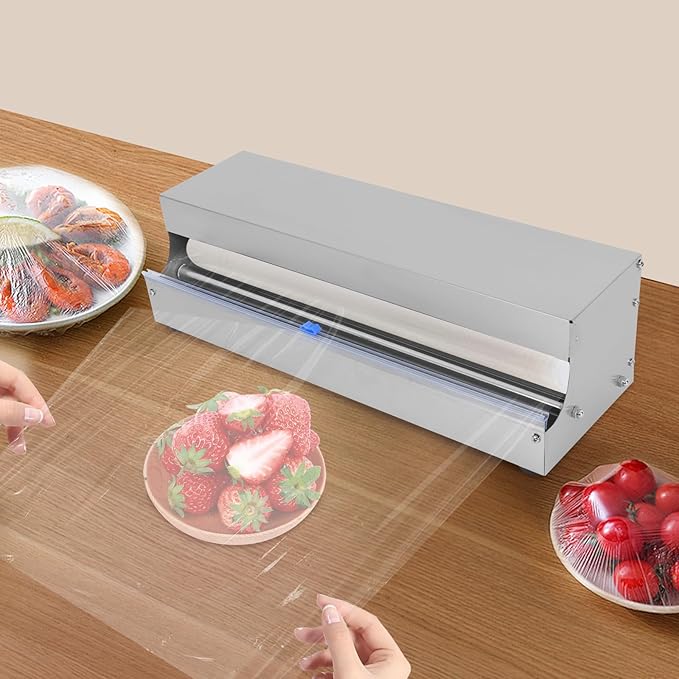 10''-18'' Cling Film Dispenser, Stainless Steel Food Wrap Sealer Packaging Machine Wrapper Cutter With 2 Replacement Blades & 4 Non-slip Feet for Fruit Vegetable & Meat Preservation