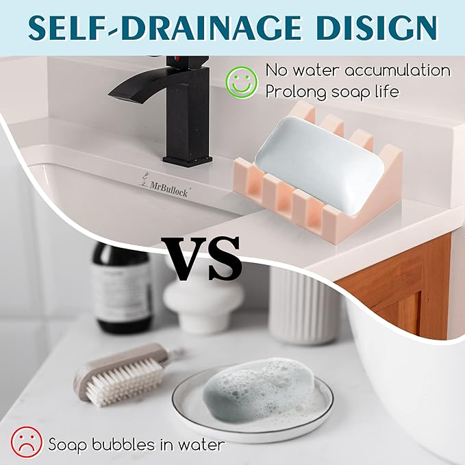 Silicone Soap Dish for Bar Soap Holder for Shower Bathroom Self Draining Waterfall Drying Tray Keep Soap Bars Dry Clean & Easy Cleaning (White/Pink, 2)