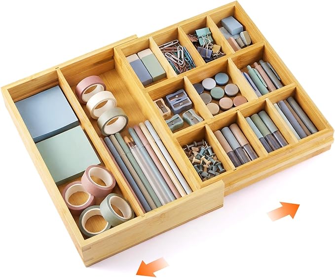 1 Pcs Bamboo Desk Drawer Organizer Wood 2 Inch Height Expandable Drawer Organizer Trays with 8 Adjustable Compartments Desk Accessories for Makeup Silverware Office Bathroom(Natural)
