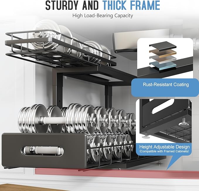 1 Pack 18 IN Depth Under Sink Organizer with Smooth Ball Bearing Slides,2-Tier Pull Out Cabinet Storage,Slide Out Drawers for Bathroom&Kitchen,Rust-resistant Coating,Height Adjustable-Black