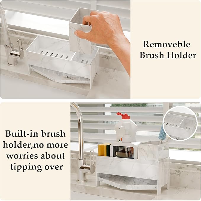 Sponge Holder for Kitchen Sink, Acrylic Sink Caddy Organizer with Removable Brush Holder, Soap Dispenser Countertop Organizer with Marble Texture, Kitchen Organizers Storage, White