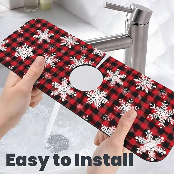 Snowflake Christmas Red Buffalo Plaid Kitchen Sink Splash Guard Faucet Mat Super Absorbent Fast Drying Mat Sink Gadgets-Fast Drying Pad Sink Mat For Kitchen Bathroom (15" X 5.5" )