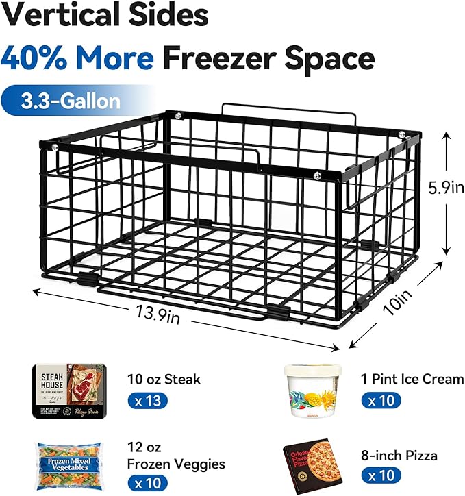 Reinforced Freezer Organizer Bins, 2 Pack Large Stackable Vertical Chest Deep Freezer Storage Containers, Thickened Black Wire Foldable Baskets with Handles