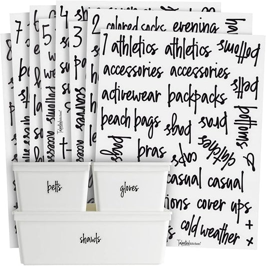 Talented Kitchen Closet Labels for Organizing Bins & Baskets - 224 Clear Vinyl Preprinted Script Labels (1"-1.5" Tall), Water Resistant - Drawer Tags for Storage, Wardrobes & Baskets
