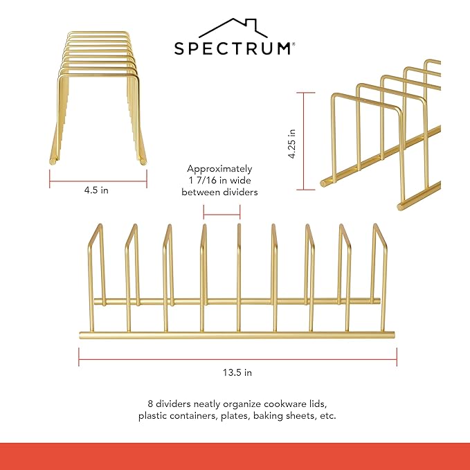 Spectrum Euro Cutting Board Holder Stand for Countertop or Inside Kitchen Cabinet Organization Gold, 8 Slot Cutting Board Drying Rack or Cabinet Plate Bakeware Storage Organizer (Pack of 6)
