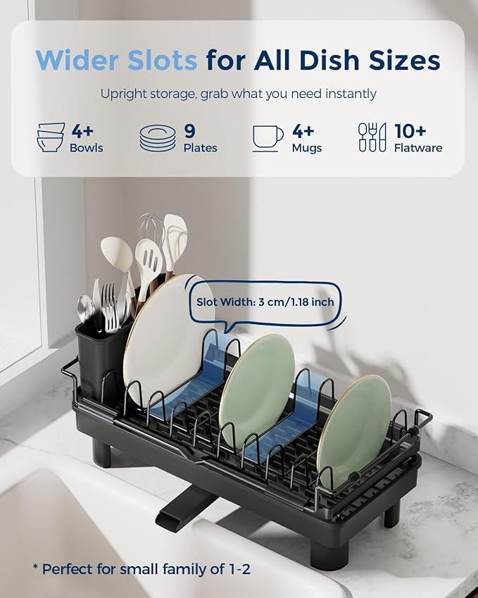 Nacial Small Dish Drying Rack with Utensil Holder, Expandable Dish Rack Over Sink with Auto-Drain Tray, Compact Dish Drainer for Kitchen Counter, Stainless Steel Dish Rack Fits 14''–21.8'' Sink, Black