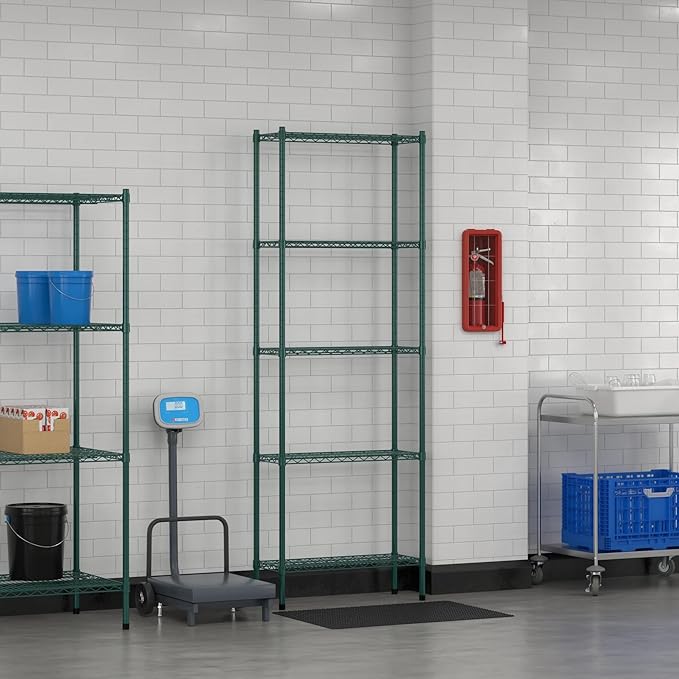Commercial NSF Listed Green Epoxy Stationary Wire Shelving Kit 12" x 30" x 86", with 5 Shelves Perfect for Warehouse, Walk-in Refrigerator, Freezer, Grocery Store, Restaurant, Dishroom