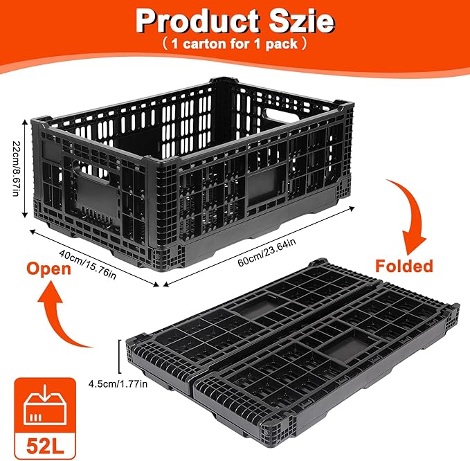 Shineyaplus Collapsible Milk Crate, 1 pck 52L(13GAL) Stackable Storage Bins, Heavy Duty Storage Crates, Plastic Crates for Grocery, Warehouse Organization - Extra Large, Holds 130 lbs Per Bin