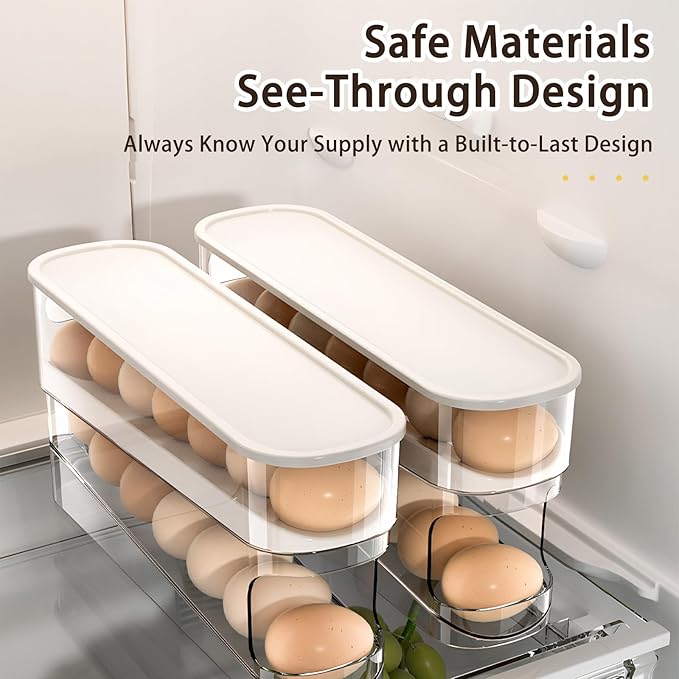 Innovative egg storage box with lid - 12-14 egg holder for fridge, clear egg cartons with auto-roll design, stackable egg rolls container for fresh eggs Large Clear Refrigerator Egg Holder