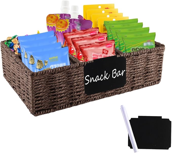 Snack Bar Station Organizer,Pantry Organizers and Storage Bins,Hand-Woven Snack Basket for Countertop with 6 Compartments,Snack Display Box for Candy,Drink Packet,Chips,Spice Organizer,Brown