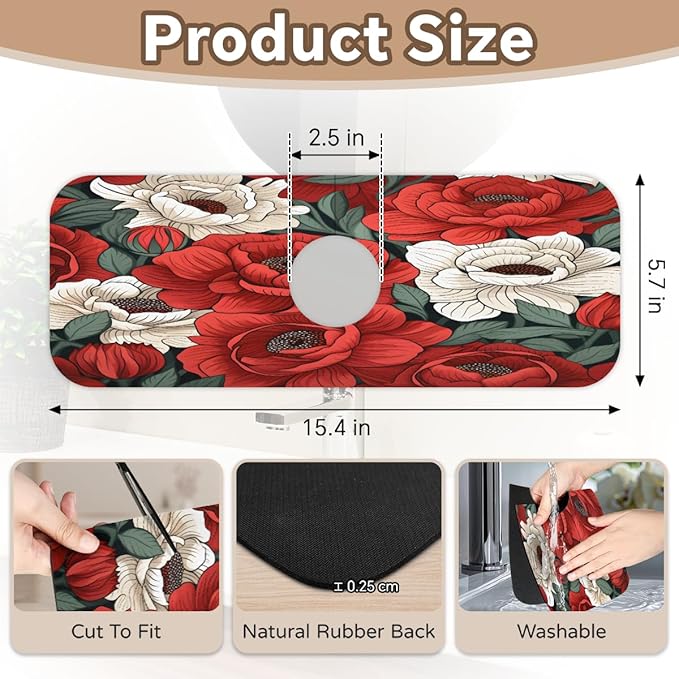 Red And White Roses Kitchen Faucet Mat Splash Guard, 15.4”x5.7” Absorbent Quick Drying Sink Mat for Countertop Protection, Draining Mat Sink Protectors For Kitchen Bathroom, 1 Pack