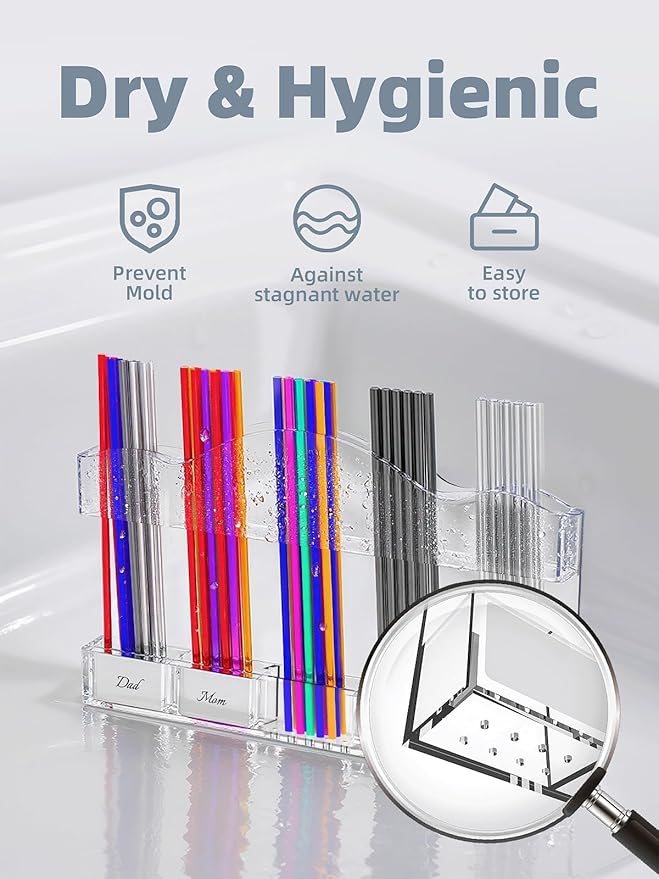 9.8" Acrylic Straw Holder for Cabinet Door - Straw Organizer with Ultra-Sticky Adhesive, Kitchen & RV Essensials, 5-Compartment Storage for Reusable Straws & Brushes, Colored Pencils, Markers