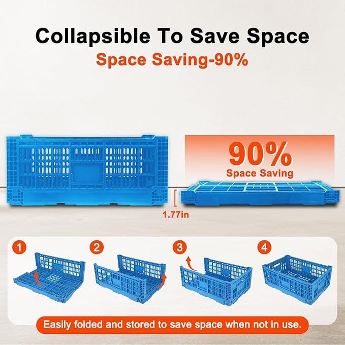 Shineyaplus Collapsible Milk Crate, 1 pck 52L(13GAL) Stackable Storage Bins, Heavy Duty Storage Crates, Plastic Crates for Grocery, Warehouse Organization - Extra Large, Holds 130 lbs Per Bin