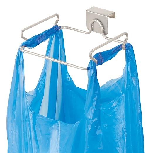 mDesign Over the Cabinet Metal Wire Small Garbage Container, Trash Bag Holder Rack for Recycled Reusable Disposable Plastic Shopping Grocery Bags for Kitchen, Pantry, Garage, Bathroom - Satin