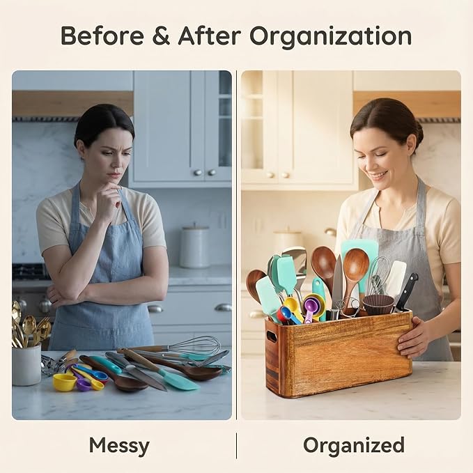 Large Wooden Utensil Holder for Kitchen Countertop - 4 Compartment Acacia Wood Organizer & Utensil Caddy for Cooking Tools, Wall Mountable