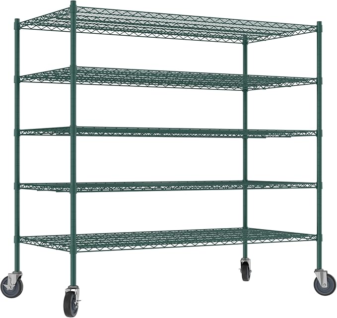 Commercial NSF Listed Green Epoxy Mobile Wire Shelving Kit 30" x 60" x 60", with 5 Shelves Perfect for Warehouse, Walk-in Refrigerator, Freezer, Grocery Store, Restaurant, Dishroom